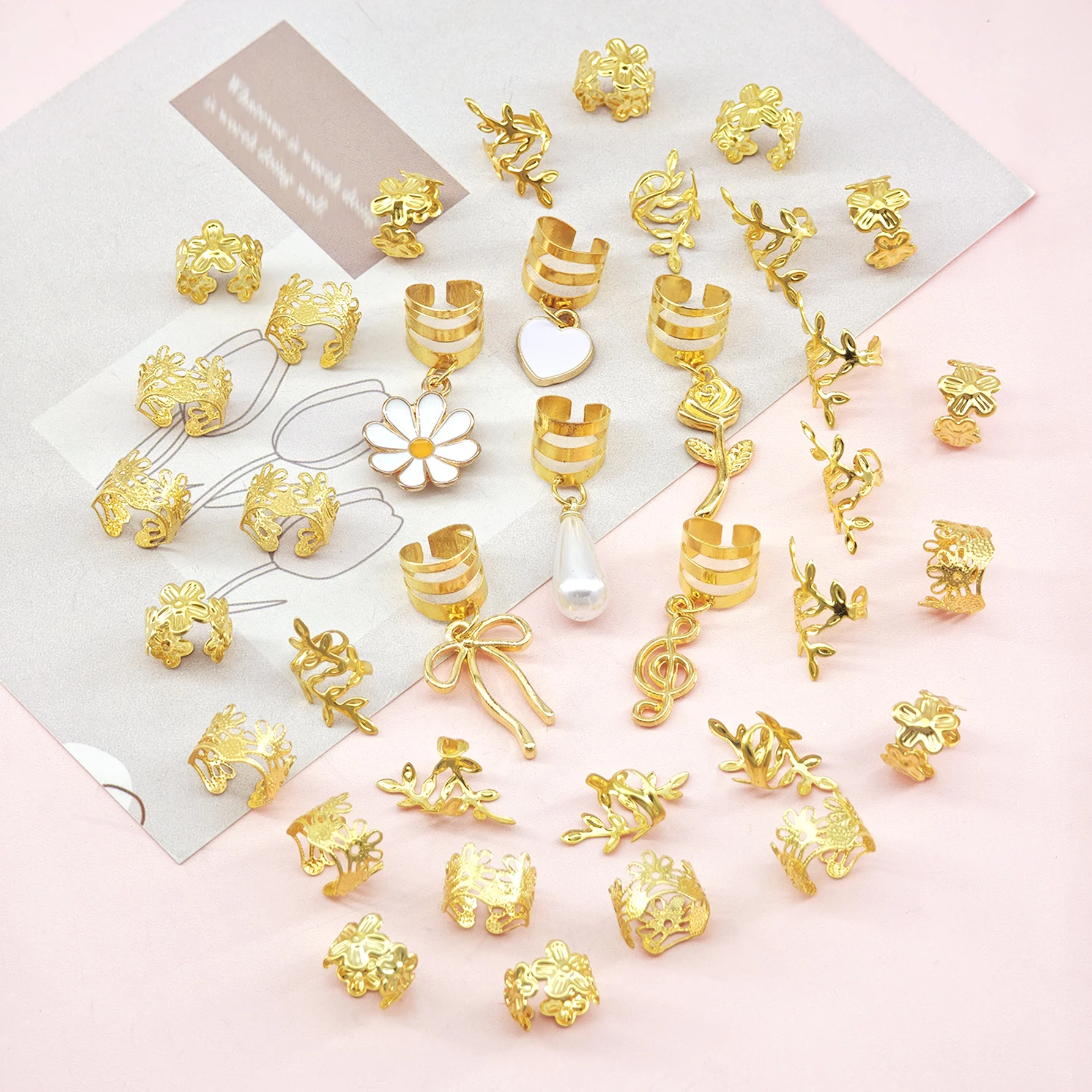 36pcs Romantic Melody Hair Rings with Hollow Bow, Music Note, White Daisy, Heart & Pearls Alloy, Hair Clips for Women's Braids