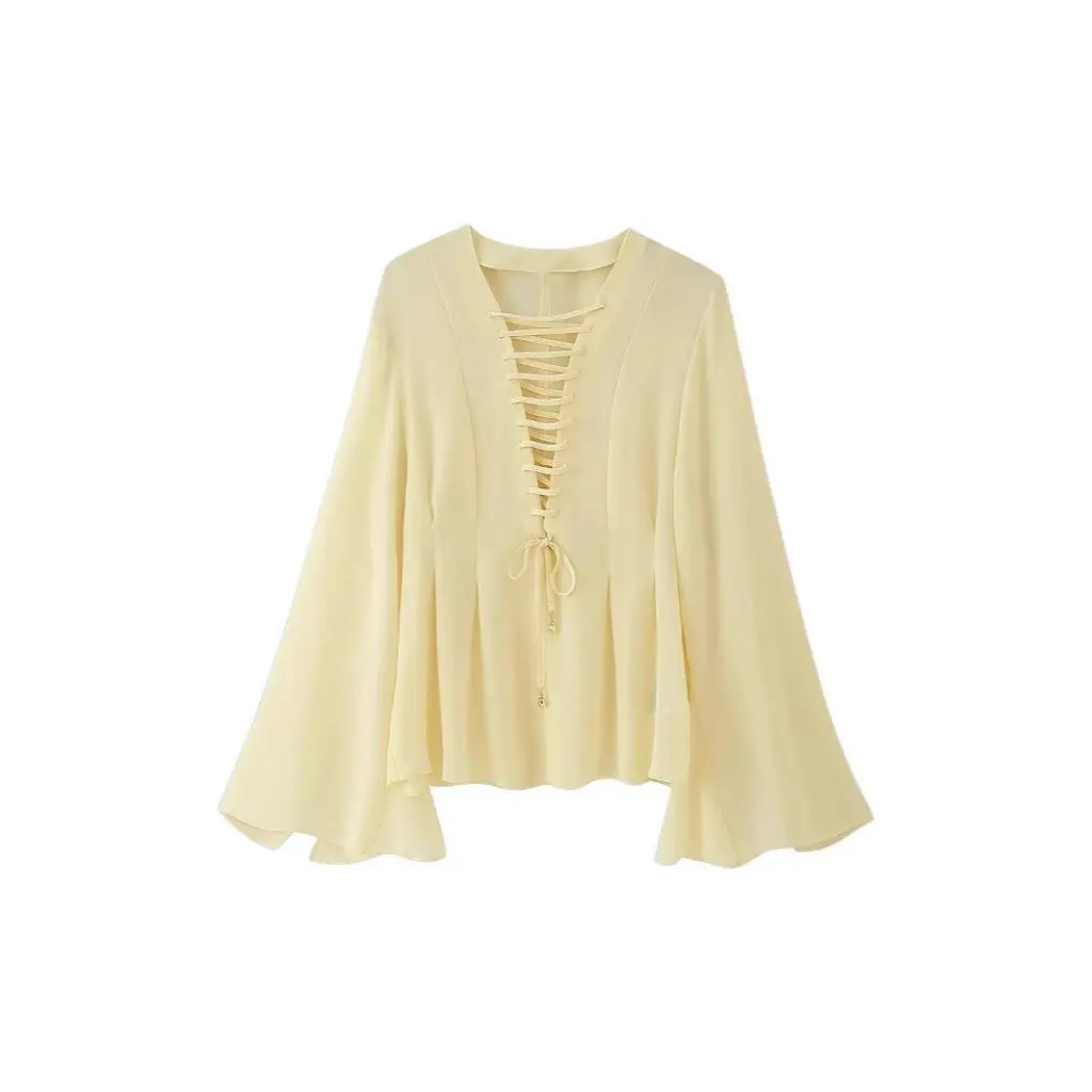 

Spring Summer Women's V Neck Lace-Up Chiffon Top European American Style Fashion Personalized Clothing for Ladies