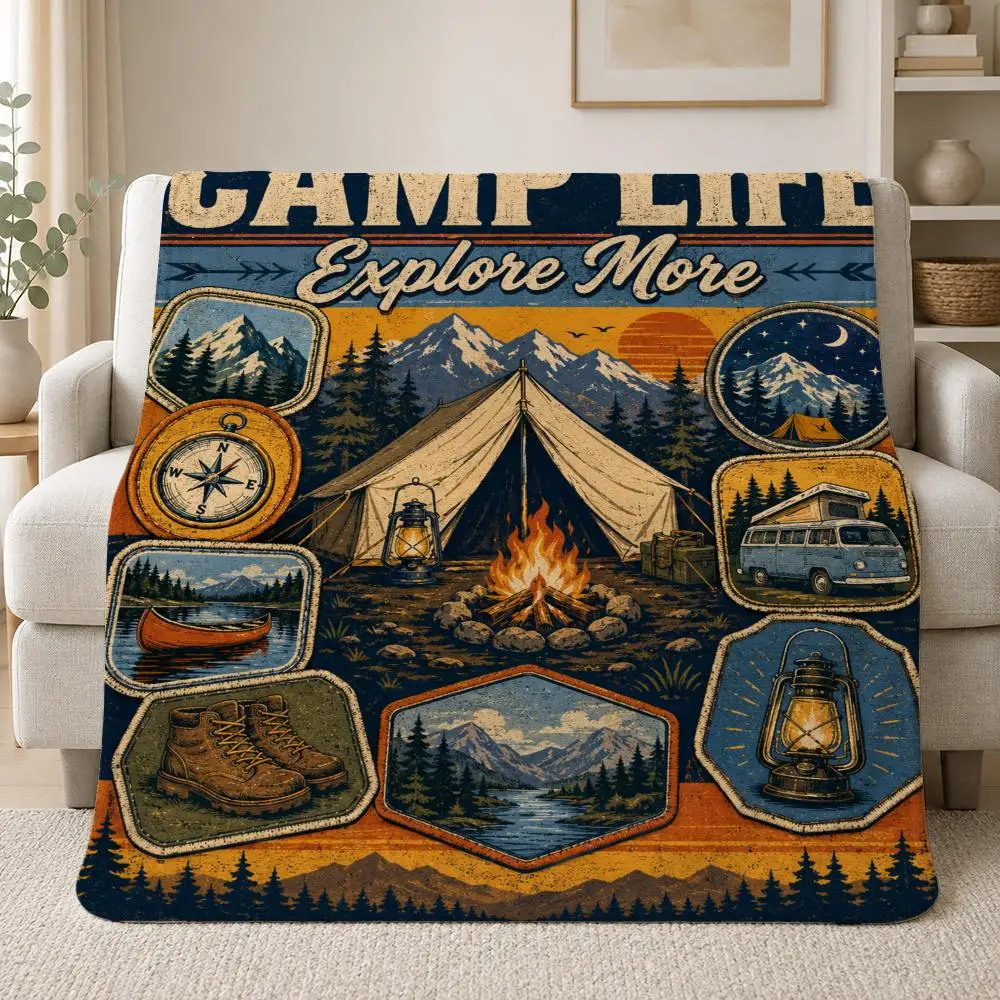 Cozy Outdoor Adventure Illustration Camper and Forest Throw Soft Plush Flannel Throw Blanket Sofa Bed Travel Home Decor