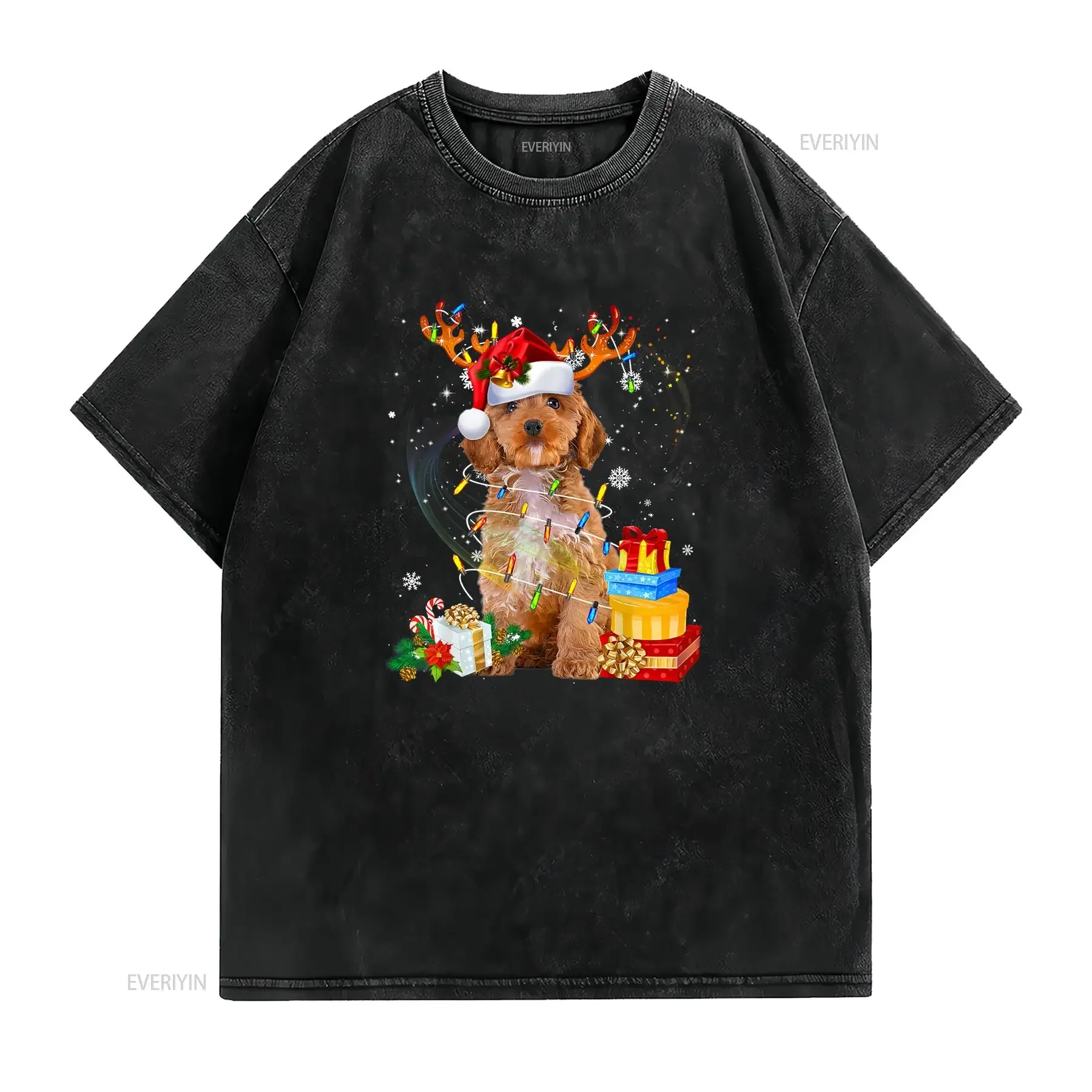 Cockapoo Reindeer Christmas Lights Funny Dog Xmas T shirt vintage Washed Stretched Slightly streetwear Versatile