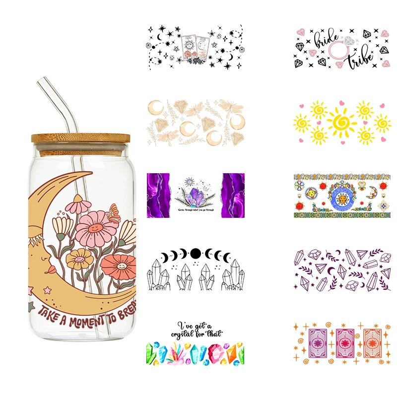 LETOP 1PCS Moon Flower Uv Dtf Cup Wrap Transfers Tumbler Wraps Colored Diamond Plastic Juice Bottles 16oz Uv Dtf Custom