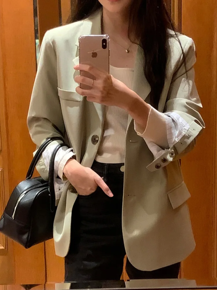 Chic Spring Loose Fit Classic Two Button Pure Color Versatile Casual Lapel Suit Jacket Elegant Commute Style Long Sleeve