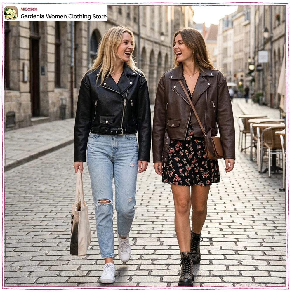 Fashion Women Faux Leather Biker Jackets with Shoulder Pads New Crossover Zipper Cropped Jackets with Belted Hem and Zip Pockets