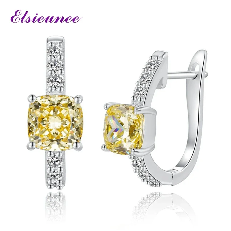 

ELSIEUNEE Bohemia 925 Sterling Silver 6*6MM Sparkling Citrine Hoop Earrings for Women Wedding Party Fine Jewelry Gift Wholesale