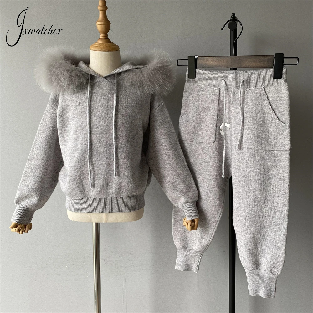 Jxwatcher-suéter de punto de lana para niño y niña, chaqueta con cuello de piel de mapache Real, conjuntos de suéteres para bebé, Otoño, 2023