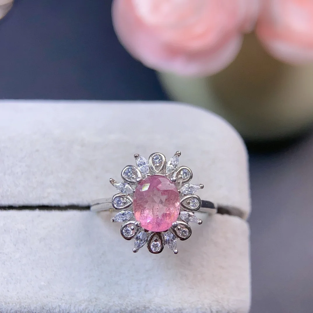 

S925 Sterling Silver Pink Tourmaline Ring, 6x7mm Eye-Clean Vivid Gemstone with Brilliant Fire, Gold-Plated Jewelry