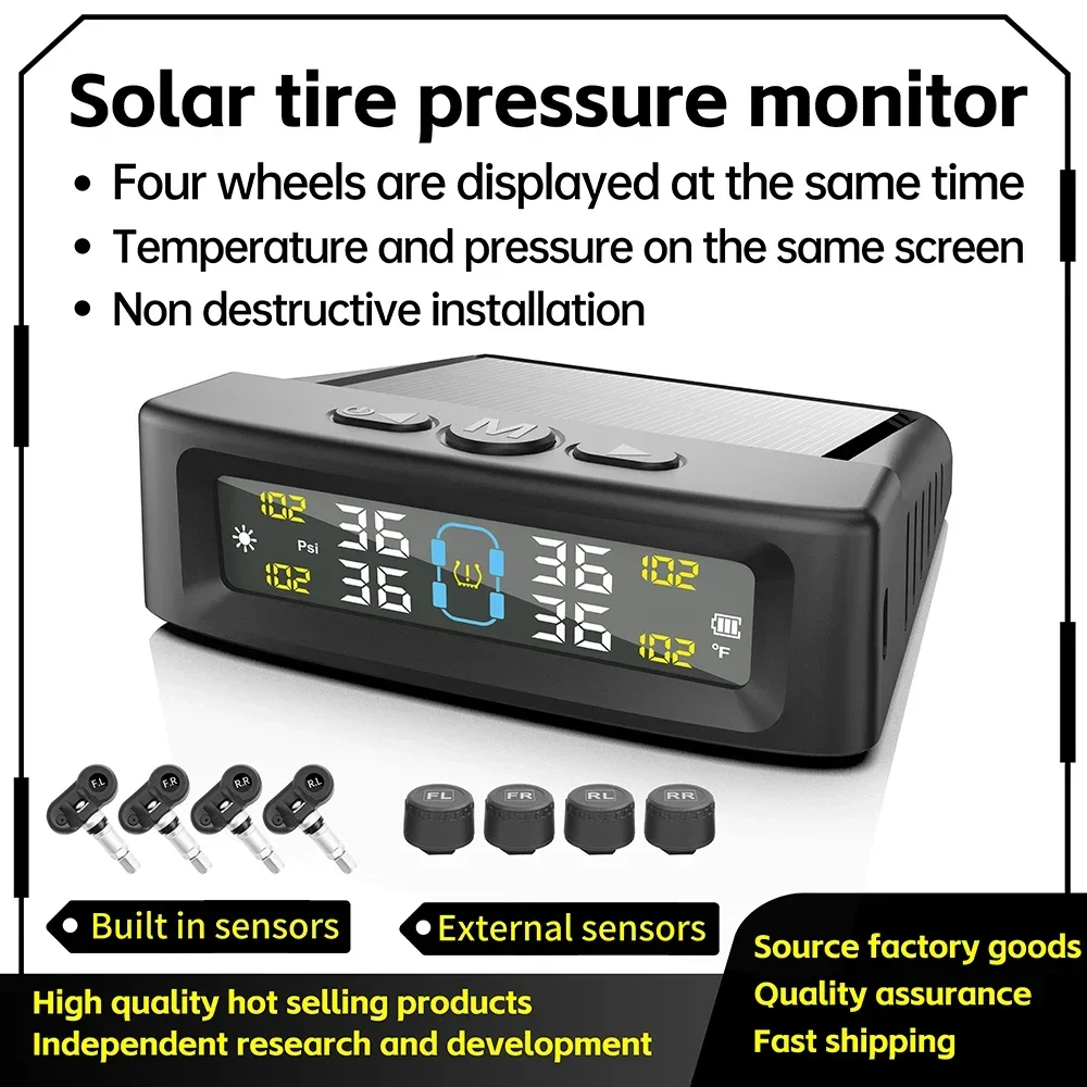 TPMS 타이어 압력 모니터링 시스템, 자동차 안전 경보 시스템, 무선 태양열, USB 전원, 4 센서, 컬러 디지털 디스플레이 