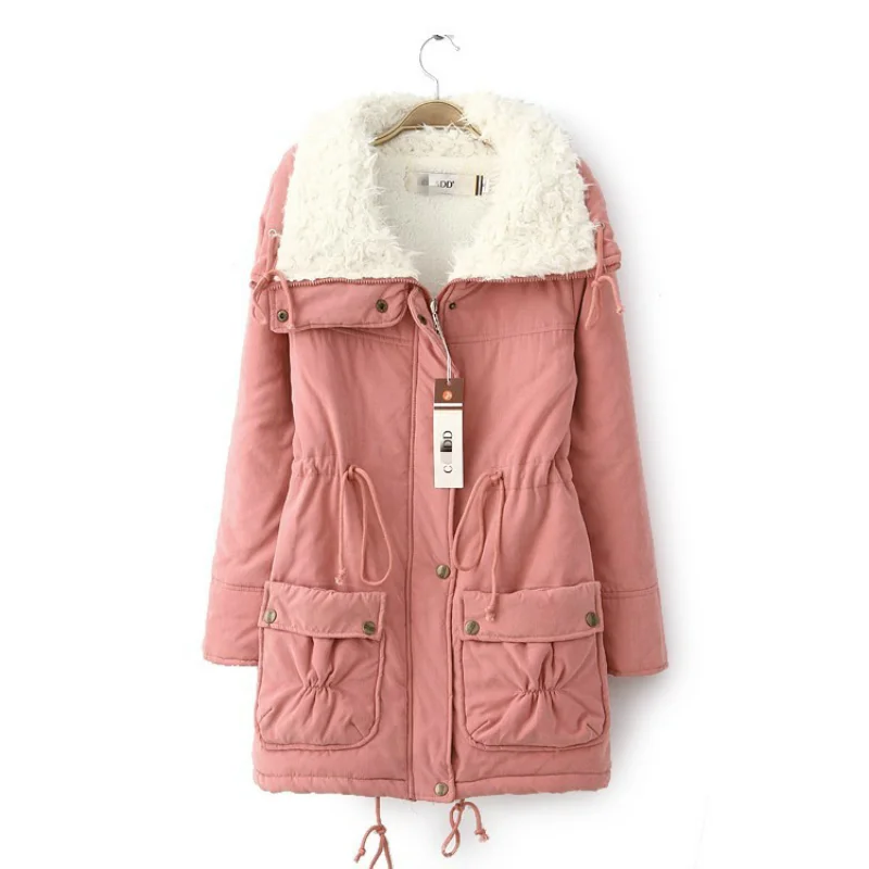 

Korean version thickened Tooling winter new women's plus thick Medium and long section Flocking clothing cotton coat Slim Parkas