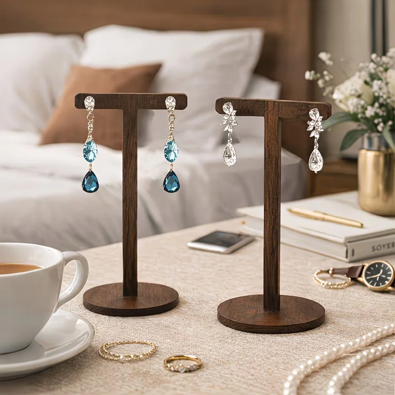 Fashion T Shaped Earrings Display Stand Ear Stud Pendant Earring Storage Rack With Wooden Base Desktop Counter Jewelry Organizer