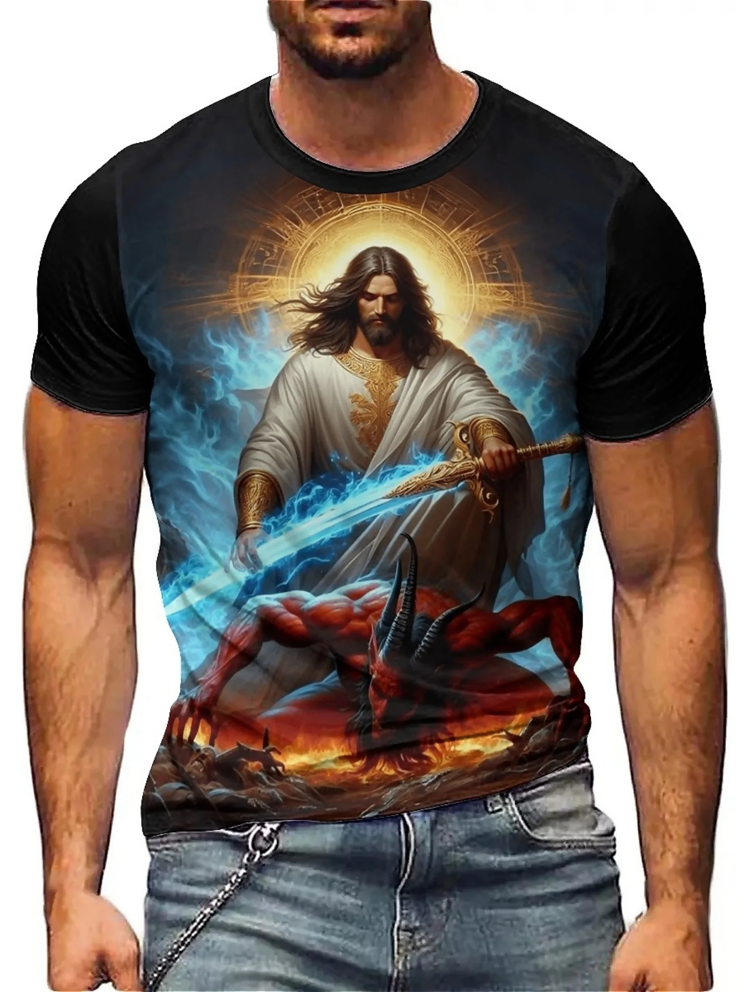 Jesus vs. Devil 3D Graphic T-Shirt - Bold Religious Battle Print, 100% Polyester, Loose Fit Short Sleeve Tee for Men & Teens