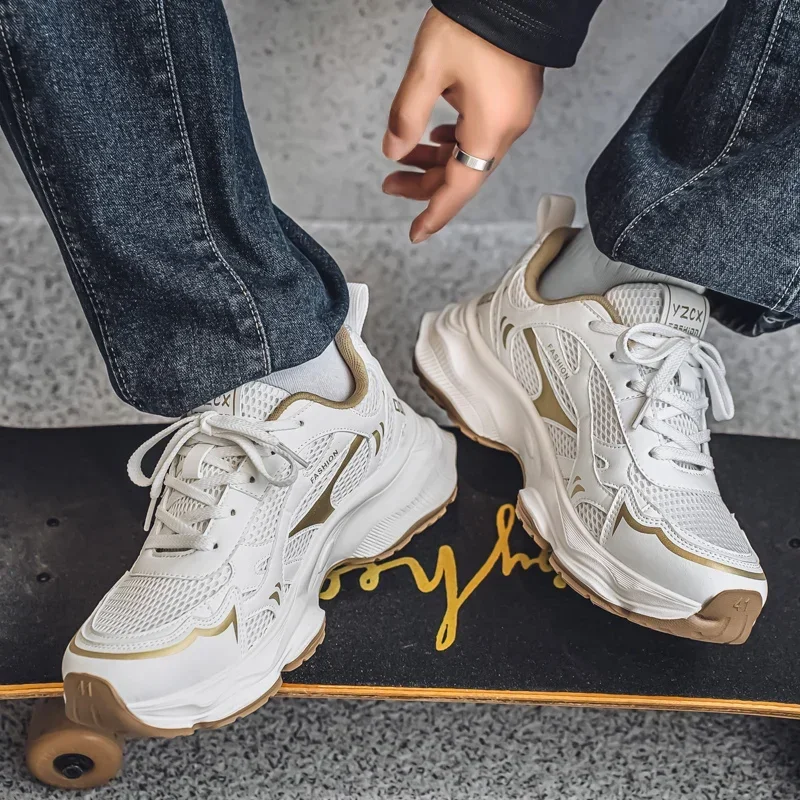 

Новые летние повседневные мужские кроссовки высокого качества на толстой подошве с сеткой, увеличивающие рост, популярные мужские спортивные кроссовки высокого качества на шнуровке с цветным материалом