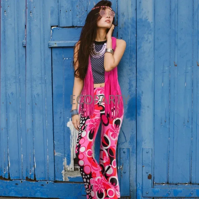 

New70s Costume for Women Disco Outfits Hippie Accessories Fringe Vest Boho Flared Pants Set 2023 New Style Cosplay Costume W LT9