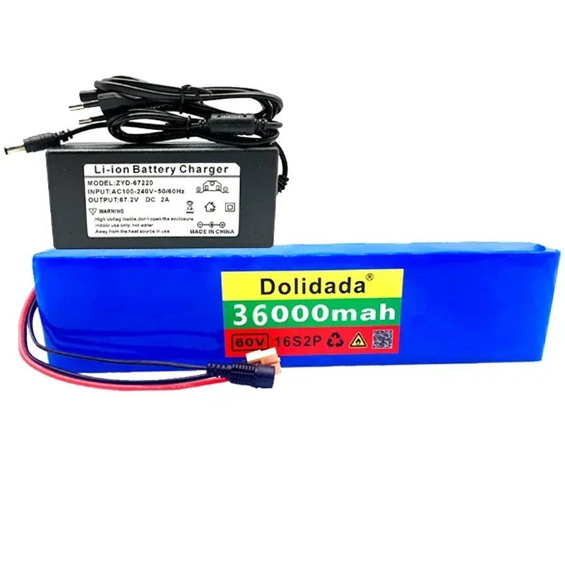 36000MAH 60V 16S2P 18650 Rechargeable Lithium Battery Pack for Ebike Electric Bike Scooter with BMS 67.2V Charger