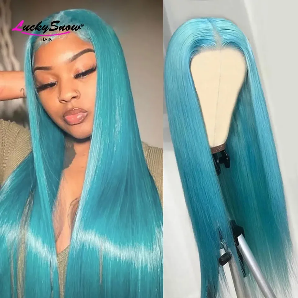 Cyan Blue Straight Transparent 13x4 HD Lace Frontal Wig 180% Density Cosplay For Woman Hot Sale High Quality Fashion Style