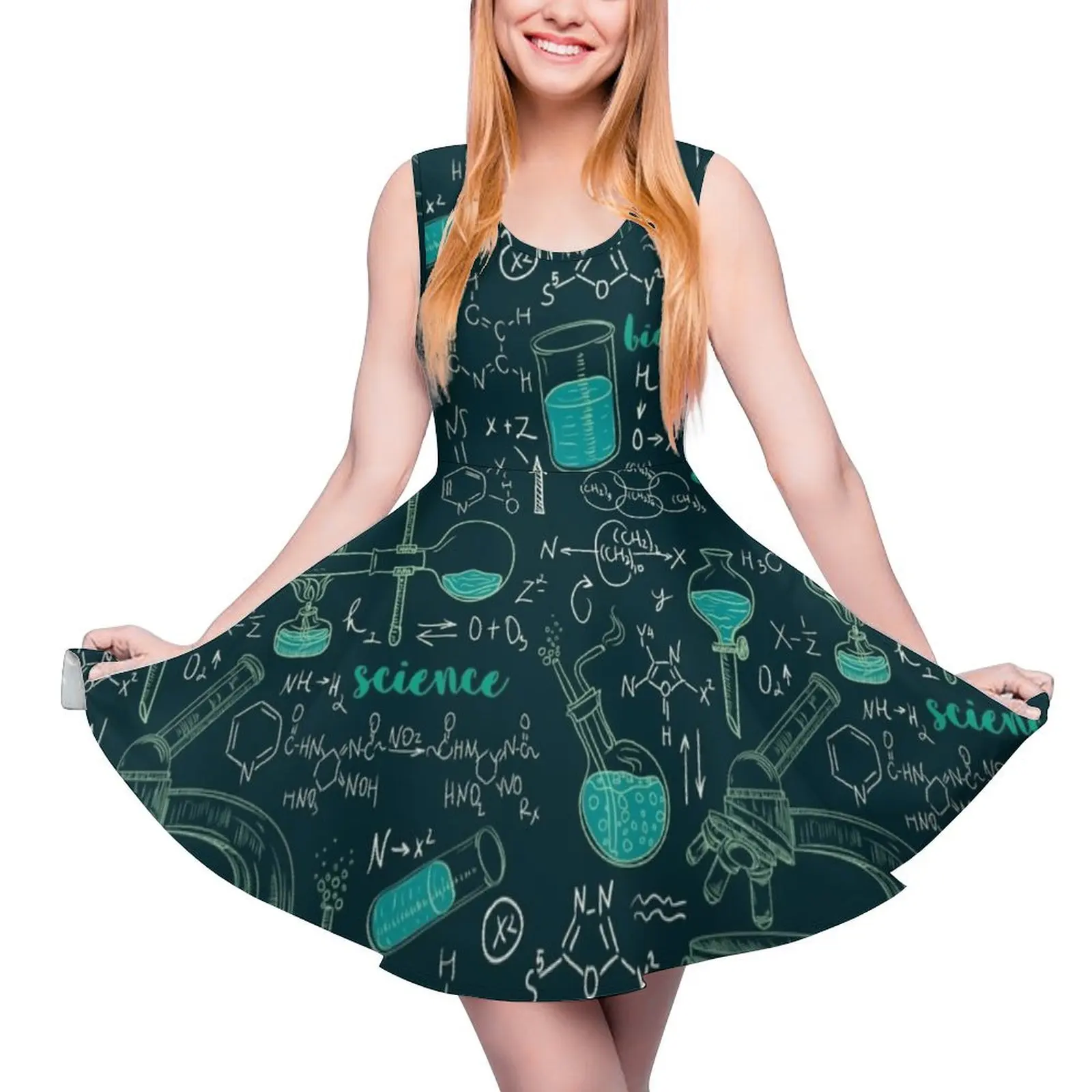 

Vintage seamless pattern old chemistry laboratory with microscope, tubes and formulas. Sleeveless Dress cocktail dresses