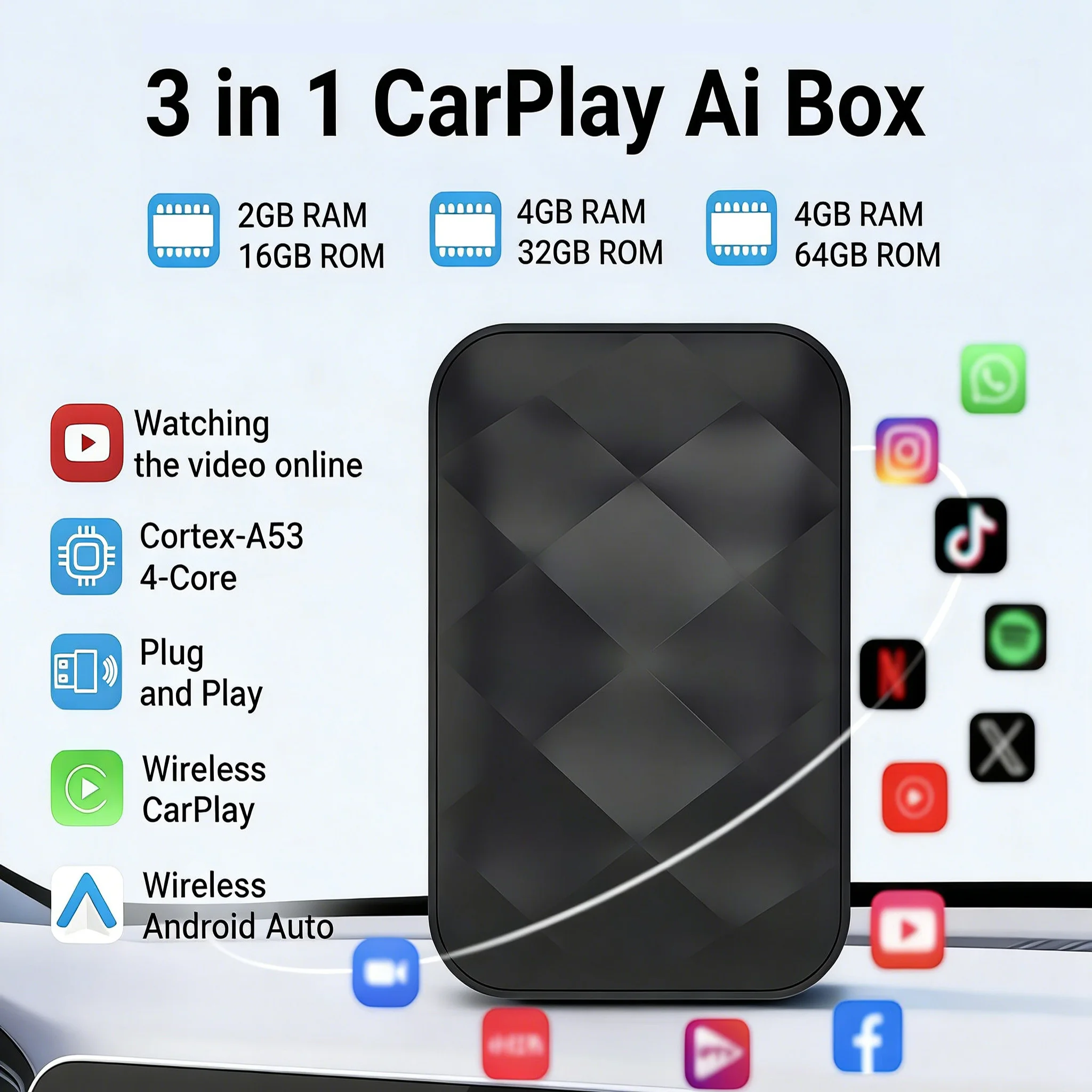 

Беспроводной адаптер CarPlay 3-в-1, беспроводной адаптер Android Auto, 2+16/4+32/4+64 ГБ, Android DeepSync UI 14, встроенные YouTube и Netflix