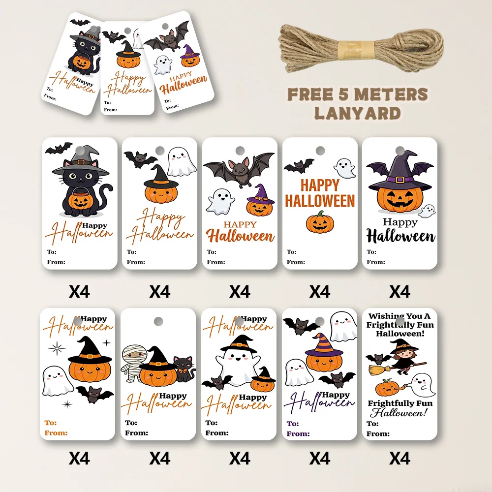 40pcs, Gift Tags, Cute Ghost Pumpkin Halloween, Hanging Paper Labels for Gift Wrapping, Holiday Party Decor with String