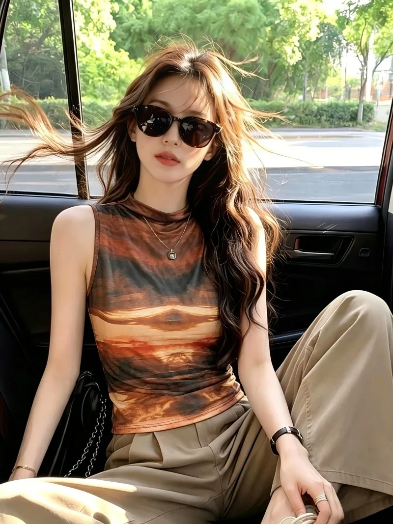 

American Style Tie Dye Sleeveless Vest Women's Summer New Thin High-End Feeling Personality Self-Keeping Model Silk Top