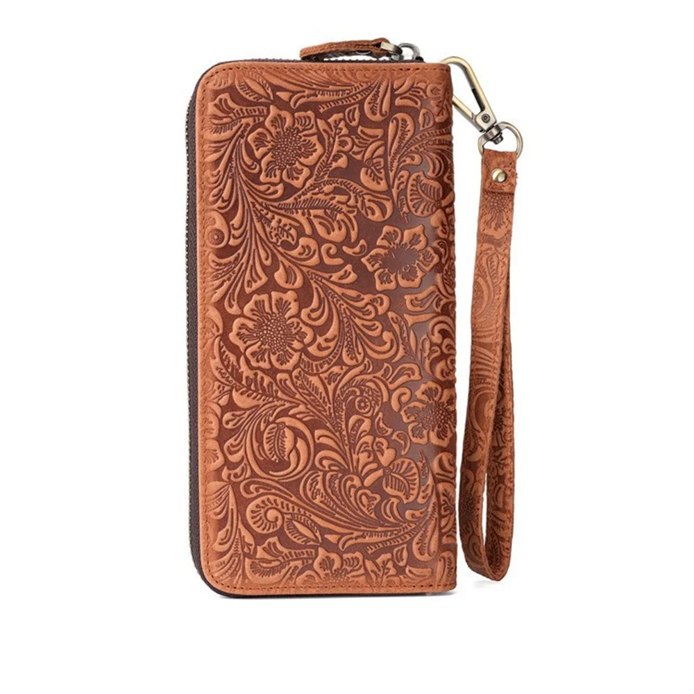 3D Embossed Floral Genuine Leather Purse Long Cow Leather Wallet Man 2026 Cowhide Zipper Clutch Unique Gift for Men