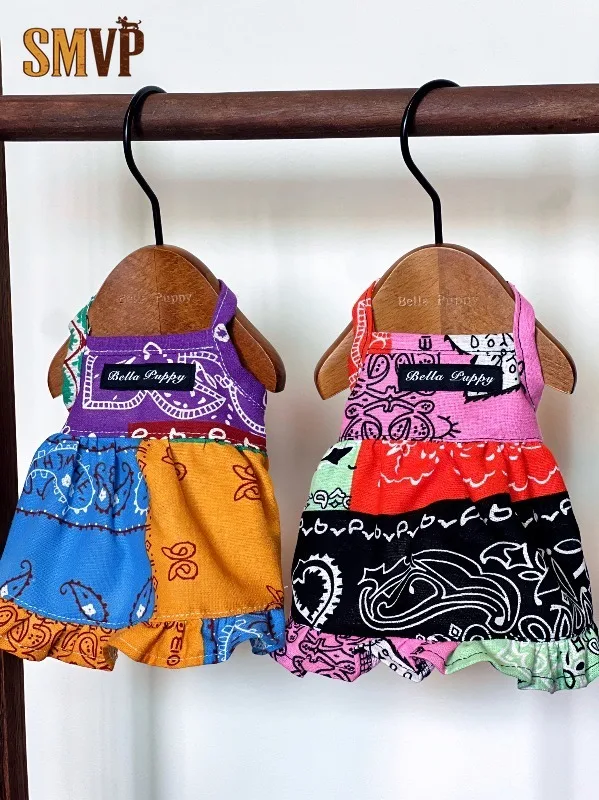 Vintage Patchwork Dog Dress Bohemian Colorful Print Sleeveless Spaghetti Strap Pet Clothes Lightweight Cotton Linen for Puppy