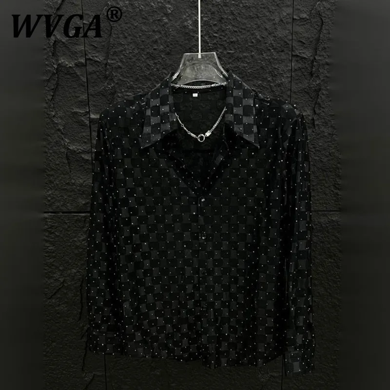 

WVGA Summer New Man Hollow Out Plaid Hot Diamond Long Sleeve Shirts Stylish Casual Padded Shoulder Semi-Transparent Shirt W9262