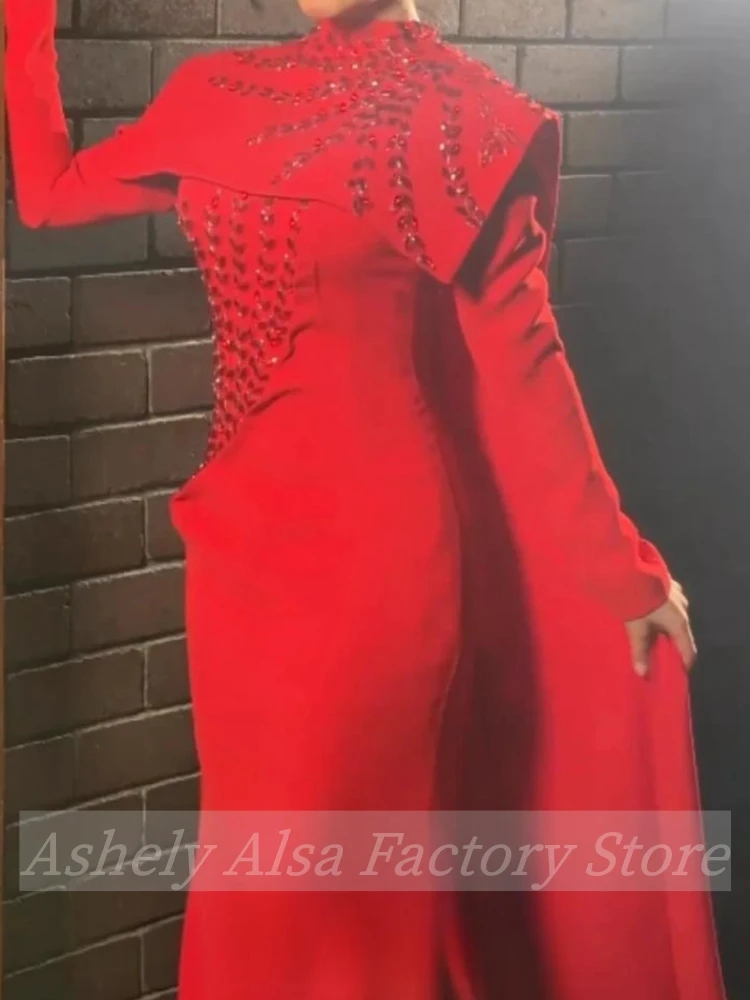 Customized Saudi Arabic Muslim Red Long Sleeve Evening Dress High Neck Beading Women Special Occasion Party Dress Pageant Wear