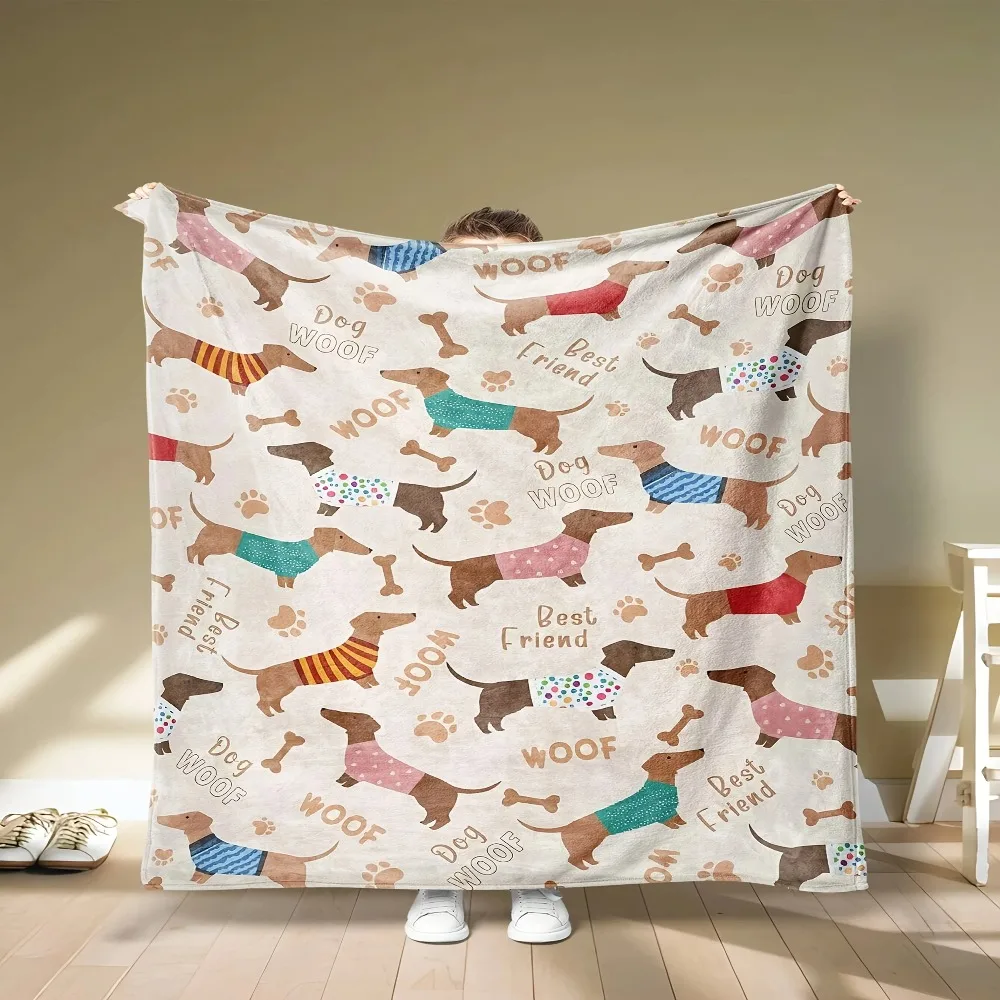 Cozy Cartoon Dachshund Flannel Throw Blanket - Soft, Warm, and Perfect for Home Decor, Ideal for Camping, Travel, and Pet Lovers