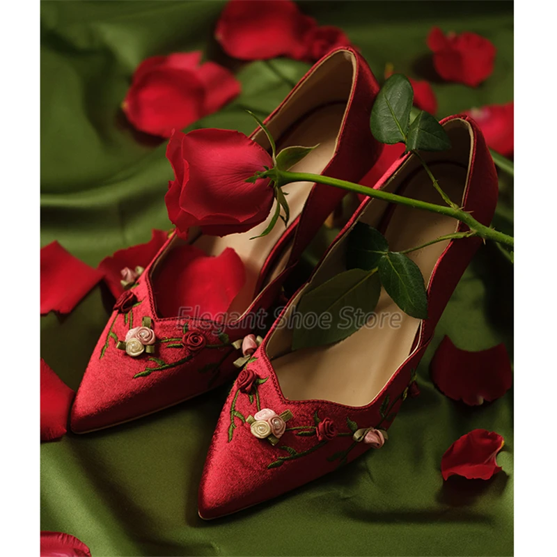 Retro Embroidered Red High Heels for Women Sexy Satin Rose Vine Pointed Toe Thin Heel Pumps Banquet Stiletto Wedding Dress Shoes