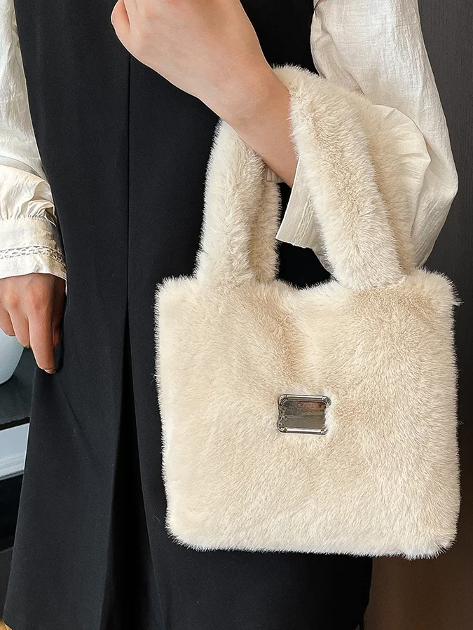 

Furry Buet Handbag Women's Pure Color Plu Handheld Bag Soft Korean Sle Leisure Magnetic Bule Closure Youth Bag