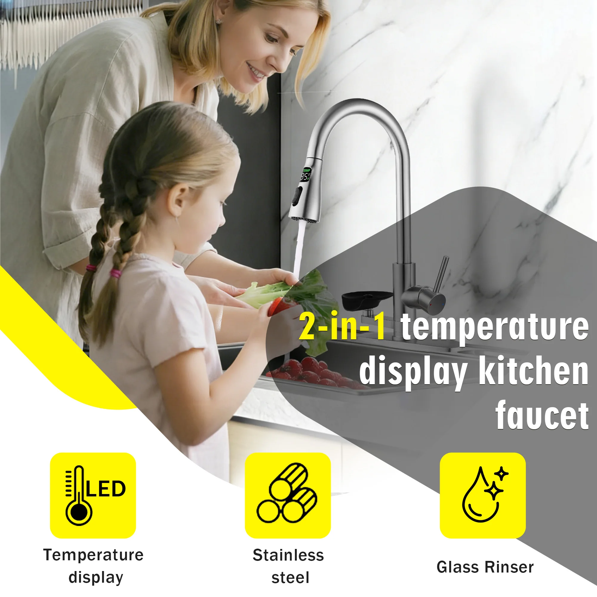 

3-in-1 Kitchen Faucet with Press-Type Glass Rinser, High-Arc Pull-Down Sprayer Faucet, 3 Function Spray Mode