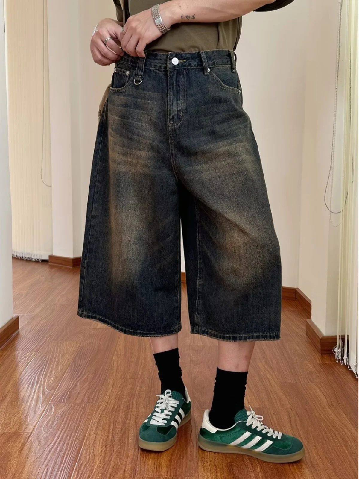

Retro American Denim Shorts Summer New Style Loose Wide Leg Straight Micro Flared Seven-Foot Pants Youth Casual Wear