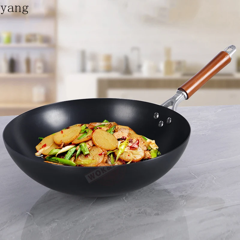 Carbon Steel Pow Wok Set 32cm Woks And Stir Fry Pans Hand Hammered Wok Round Bottom With Lid No Chemical Coated Wok Pan