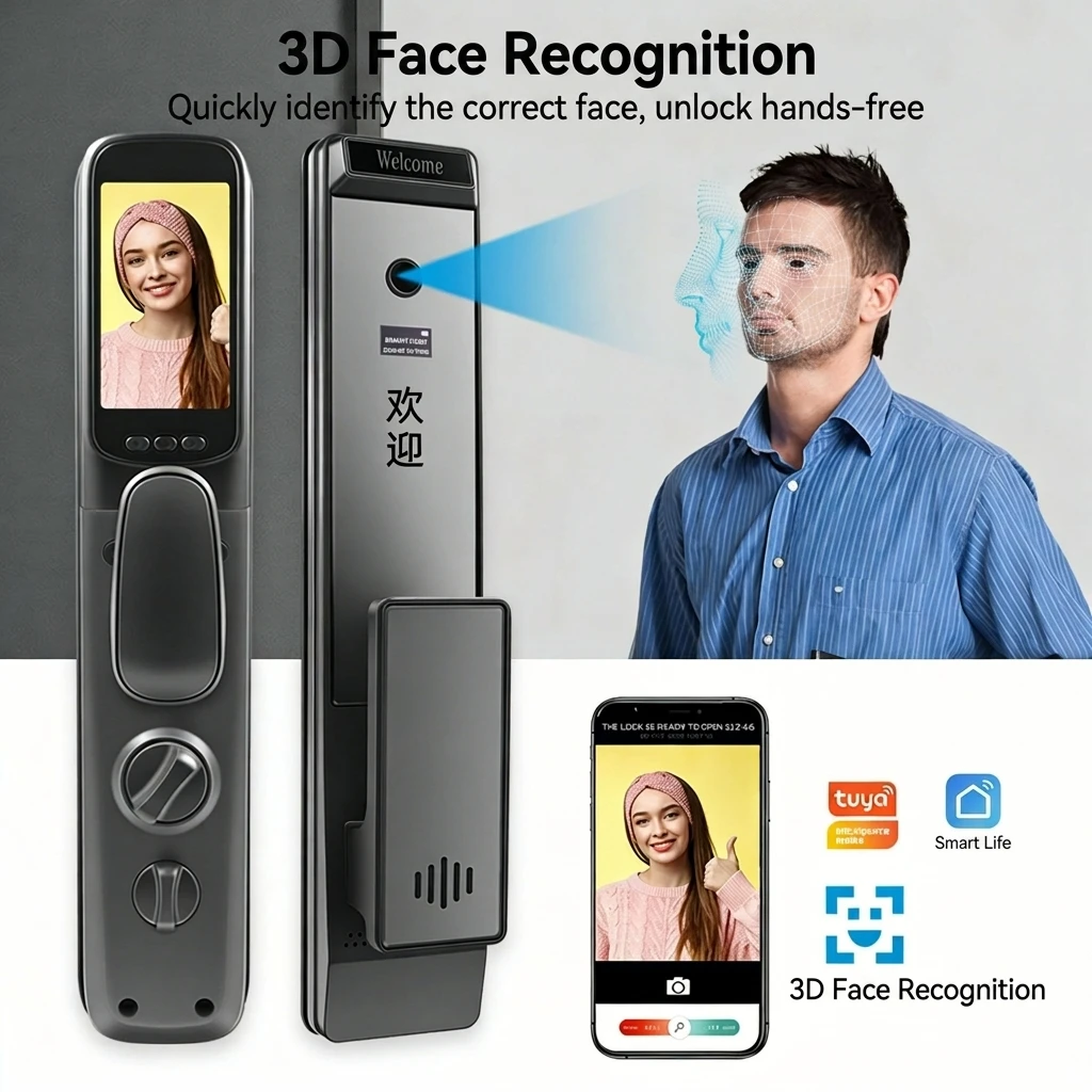 High Security 3D Face ID Smart Lock Tuya WiFi Cloud Fully Automatic Biometric Fingerprint Digital Door Lock Aluminium Alloy