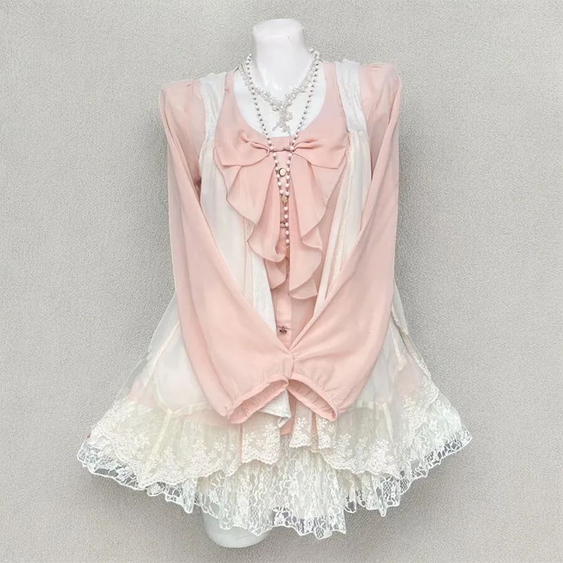 

Japanese Style Sweet Kawaii Bow Top Women+ Subcultural Vest Cardigan Coat+ High Waist Cake Skirts 2025 New Three Piece Sets