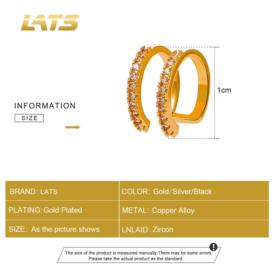 LATS-골드 컬러 지르콘 더블 레이어 클립 귀걸이, 여성 남성 1 개 크리에이티브 C 이어 커프 비 피어싱 이어 클립 트렌드 쥬얼리 선물