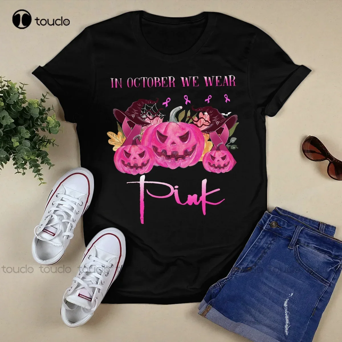 In October We Wear Pink Breast Cancer Awareness Pumpkin Lover Funny Gift T-Shirt Mens Graphic T-Shirts Custom Aldult Teen Unisex