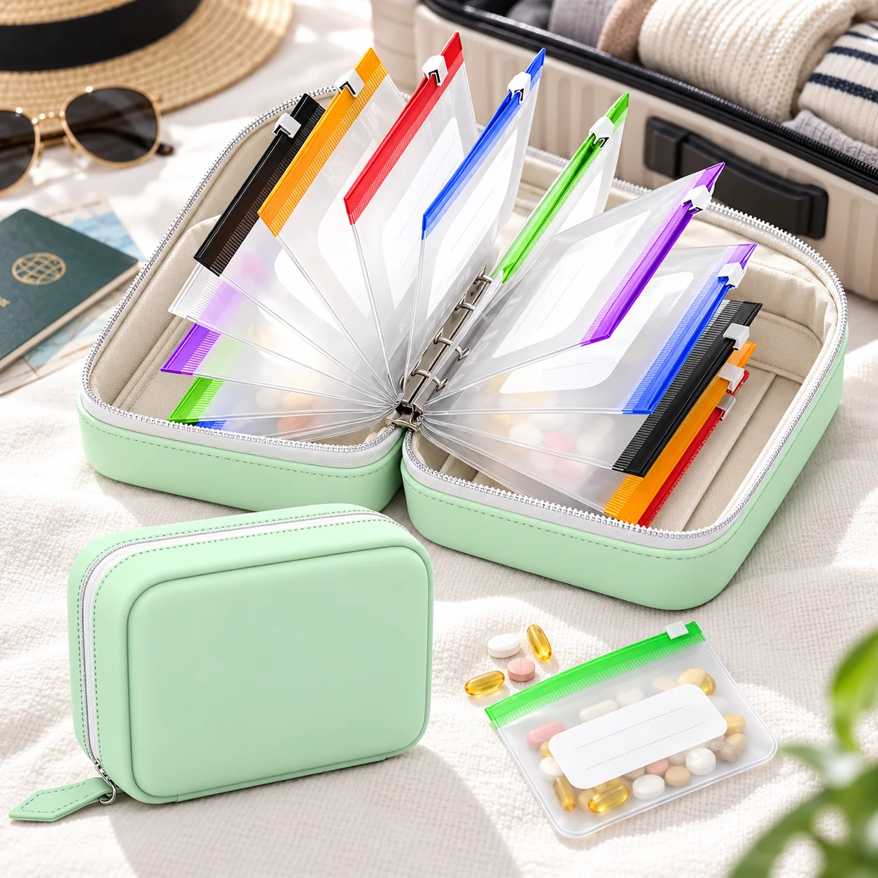 7/14 Pouch Travel Pill Organizer Binder with Color Coded Reusable Bags Portable Medicine Case for Vitamins Supplements
