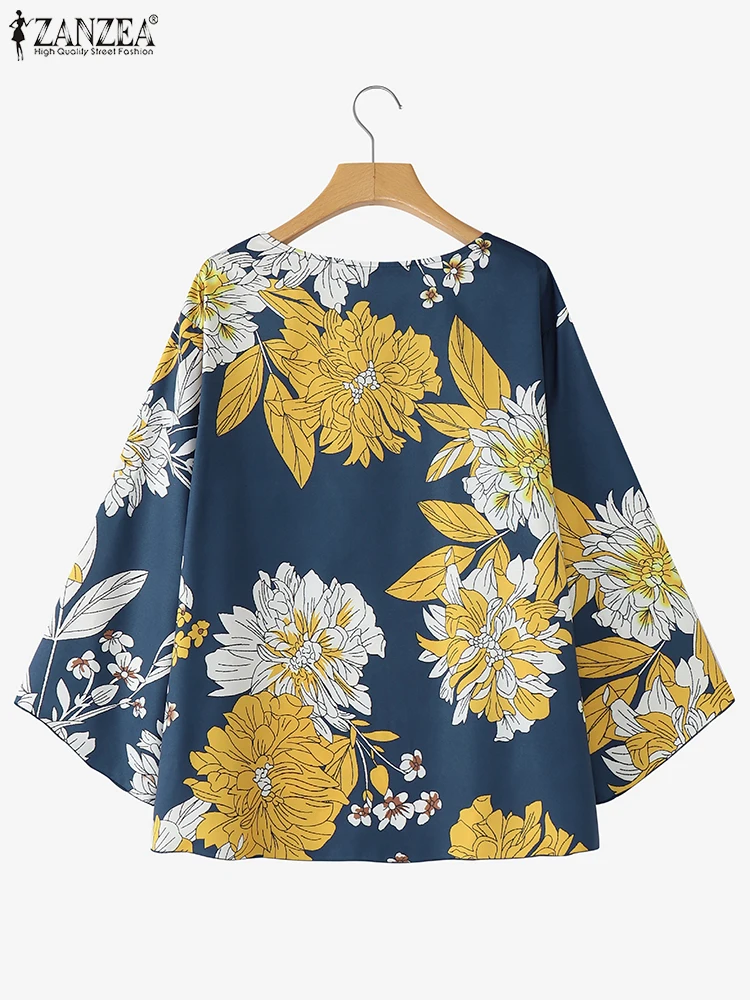 ZANZEA بلوزة عصرية للسيدات لصيف 2025 3/4 كم قمصان بوهيمية مطبوعة بالزهور بلوزات كلاسيكية بلوزات نسائية فضفاضة غير رسمية