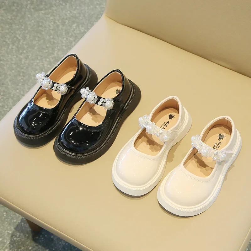 

2025 Spring Autumn Fashion Sexy Beaded Cute Solid Color Round Toe Thick Soled Casual Small Leather Shoes for Women and Children