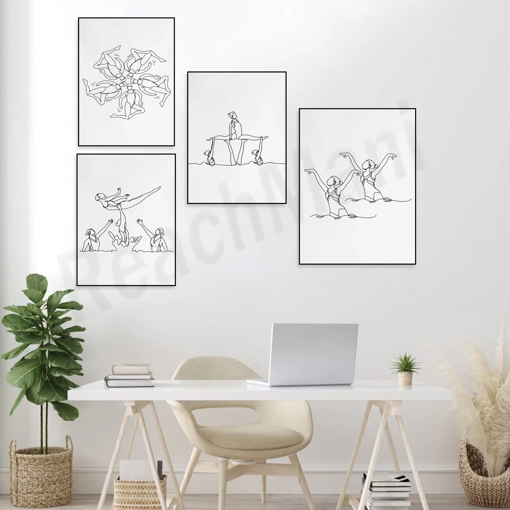 Minimalist synchronized swimmers line art, sports print, sketch outline illustration, synchronized swimming wall decor poster