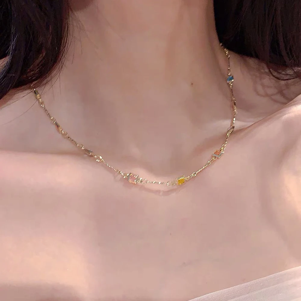 1pcs Korean Style Square Crystal Zircon Pendant Necklaces Y2K Colorful CZ Ladies Girls Fashion Elegant Clavicle Chain Wom