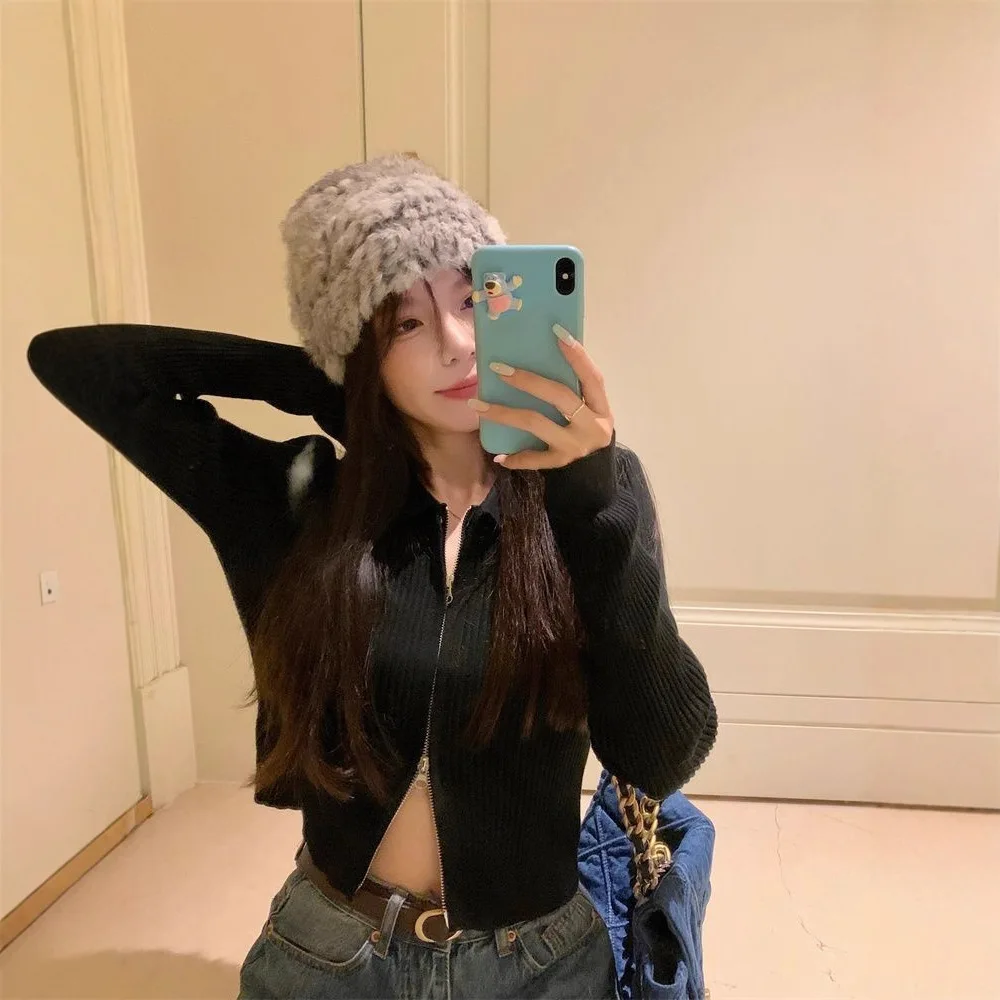 Women's Knitted Slim Fit Long Sleeve Cardigan Double Zipper Design Spring Autumn Fashionable Small Size Friendly Sweater Top