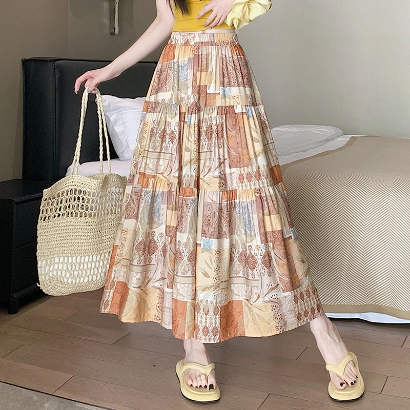 

Vintage Fashion Female Elastic High Waist Print Skirts Summer New Pleated Casual A-line Women Bohemian Long Beach Holiday Skirt