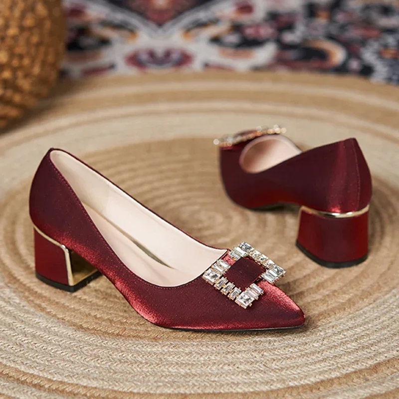 Luxury Square Rhinestone Women\'s Wedding Shoes Spring Silk Pointed Toe Pumps Woman Party Dress Shoes Thick High Heels