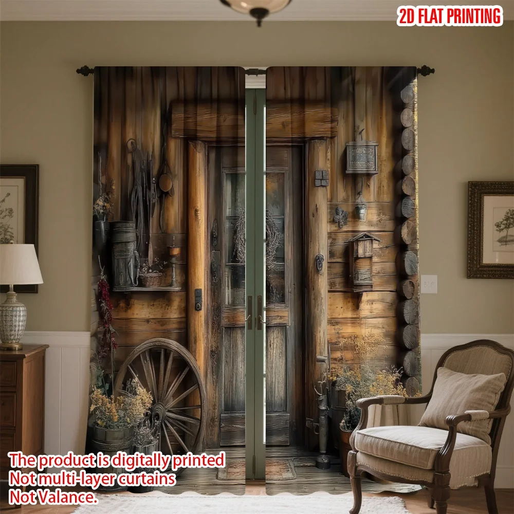 

2D flat printing 2pcs Window Curtains Rustic Wooden Cabin Entrance Digital Printed Polyester Drapes Festive Holiday Perfect for