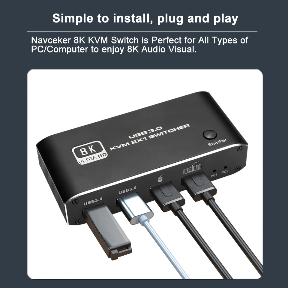 Квм-переключатель Navceker HDMI 2,1, 4K, 120 Гц, HDMI, USB 3,0, квм-переключатель USB 8K, 60 Гц, 1080 @ 240 Гц, USB квм-переключатель, HDMI с портом USB 3,0, ПК
