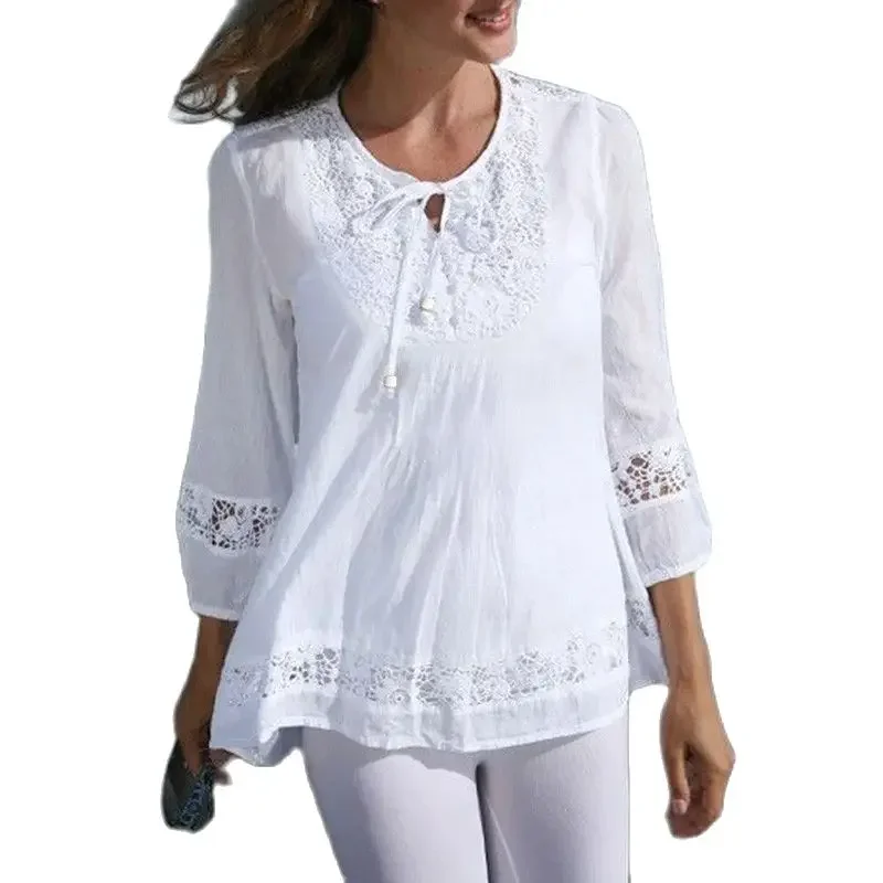 Camisa elegante con decoración de encaje para mujer, blusa de cuello redondo con cordones, estilo inglés, Tops de manga de siete cuartos