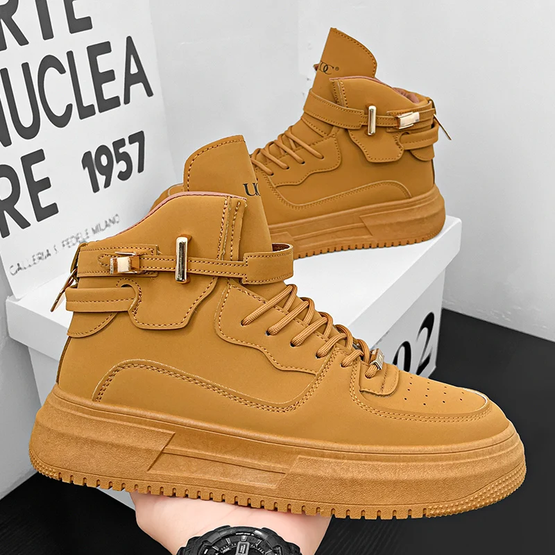 

Дизайнерские коричневые мужские туфли для скейтборда, высокие кроссовки, мужская обувь на платформе, удобные мужские кожаные кроссовки на шнуровке, zapatos de hombre