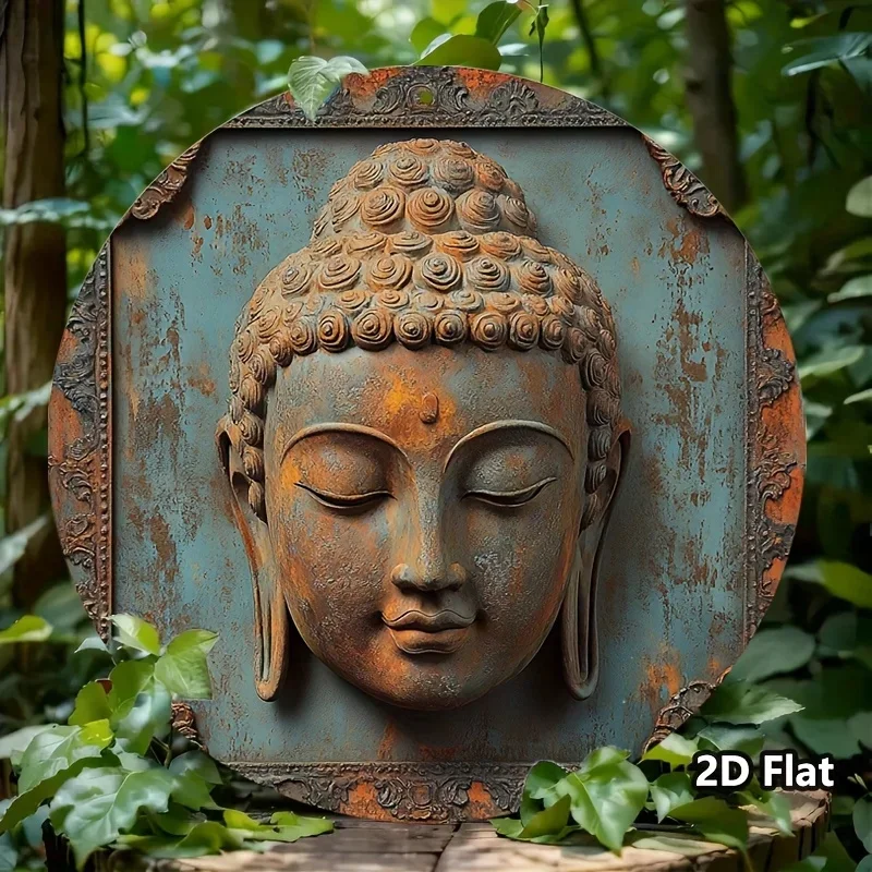 Art mural circulaire en métal bouddha rustique Vintage, panneau en étain avec Design séène, facile à montable au mur pour la décoration de la pièce