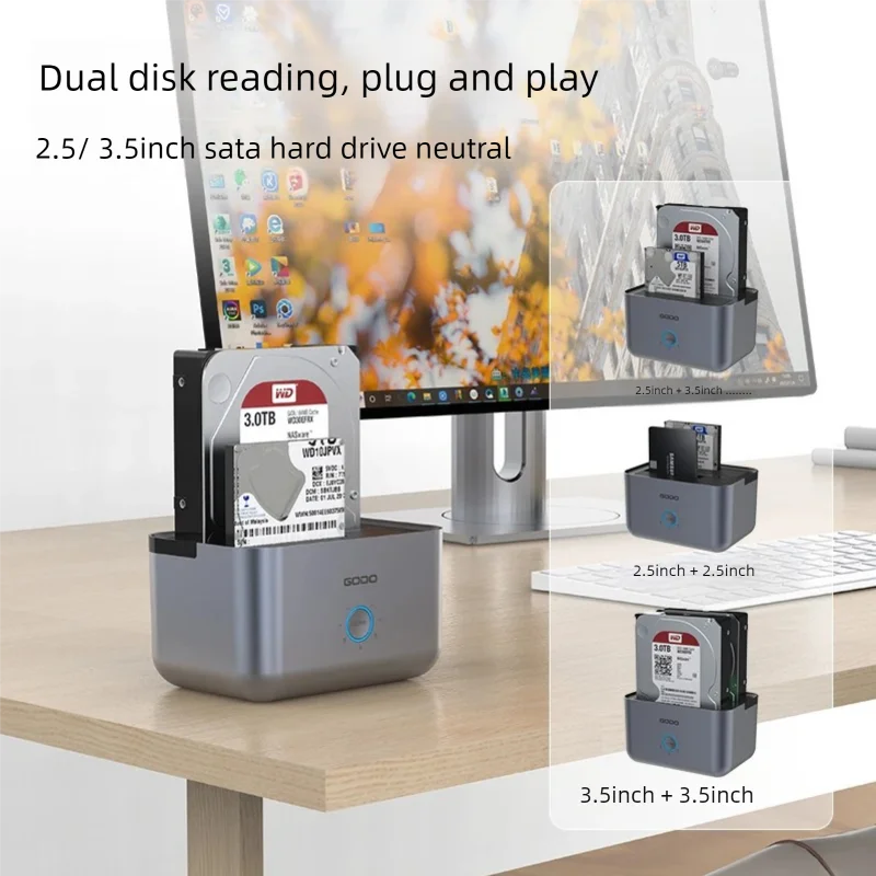 GODO Hard Drive Docking Station USB 3.0 Type C Dual Bay Hard Drive Dock for SATA 2.5/3.5 inch HDD SSD LED Offline Clone view 5